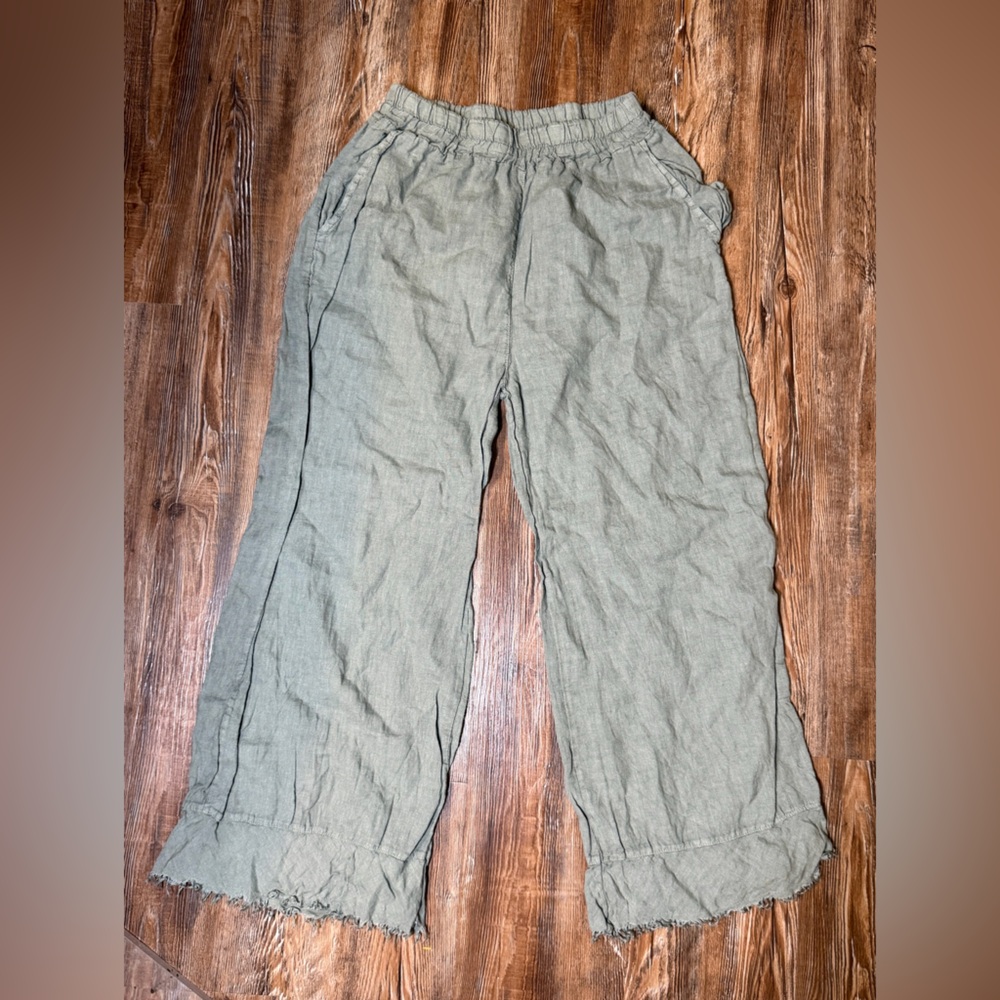 Milo Milano designer Casual Green Linen soft wide leg trouser Pants